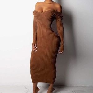 Casual Off the Shoulder Long Sleeve Brown Dress Midi